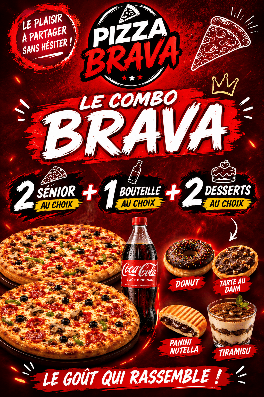 Deux sénior au choix + une bouteile au choix +deux  dessert au choix
