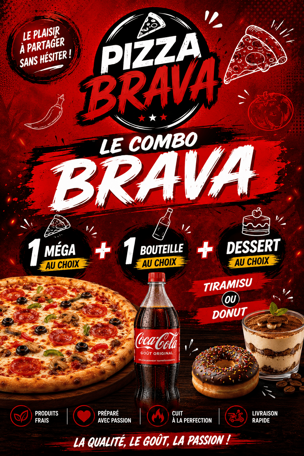 1 Méga au choix + une bouteile au choix + dessert au choix